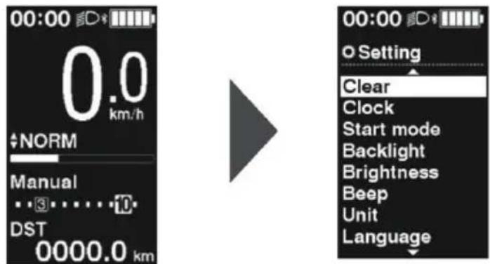 00:00 D 0.0 km/h NORM Manual 3....10 DST 0000.0 km 00:00 D O Setting Clear Clock Start mode Backlight Brightness Beep Unit Language