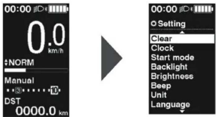 00:00 0.0 km/h NORM Manual 3....10 DST 0000.0 km 00:00 Setting Clear Clock Start mode Backlight Brightness Beep Unit Language