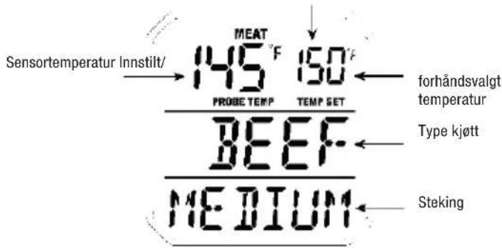 Sensortemperatur Innstilt/ 145°F 150°F PROBE TEMP TEMP SET BEEF MEDIUM forhåndsvalgt temperatur Type kjøtt Steking