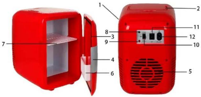 Diagram of a red refrigerator with numbered parts for identification and assembly reference.