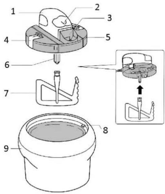Technical diagram of a mechanical device with numbered components and an exploded view showing internal components and assembly.