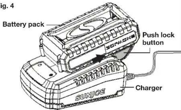 Fig. 4 Battery pack SUNJOE Push lock button Charger