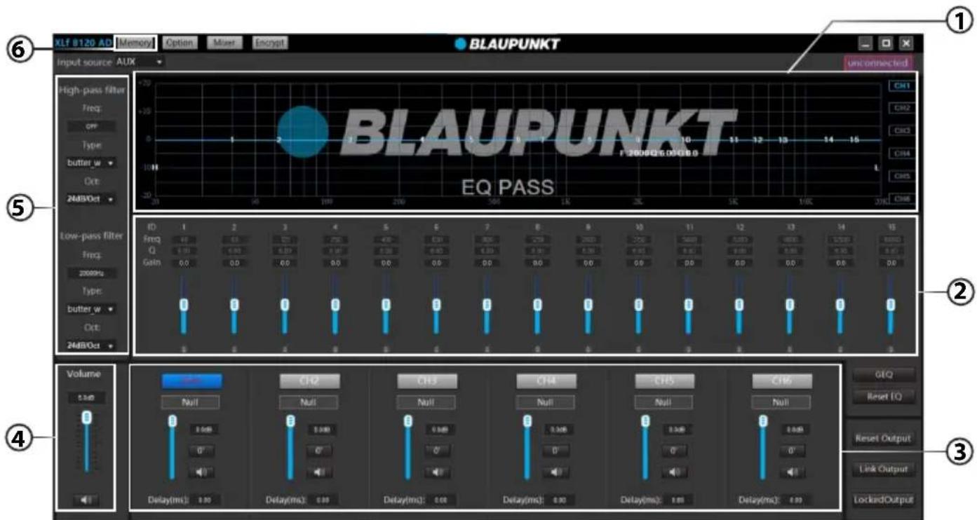 XLF B120 AD [Memory] Option Mixer Encrypt BLAUPUNKT Input source AUX High-pass filter Freq: OFF Type butter w Oct: 24MB/Oct BLAUPUNKT F:\2600\Q\5.00GB 5.0 EQ PASS Unconnected CH1 CH2 CH3 CH4 CH5 ID Freq Q Gain 2000Hz Type butter w Oct: 24MB/Oct Volume 0.140 CH2 Null CH3 Null CH4 Null CH5 Null CH6 0.000 Reset TO Reset Output Link Output LockedOutput