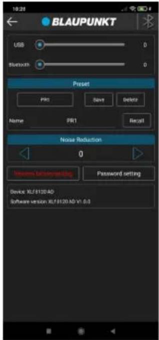 BLAUPUNKT USB Bluetooth 0 0 Preset Pkt Save Delete Name FR1 Recall Noise Reduction 0 Password setting Device: XL/F8120 AD Software version: XL/F8120 AD v1.0.0