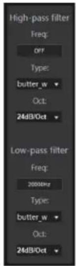 High-pass filter Freq: OFF Type: butter_w Oct: 24dB/Oct Low-pass filter Freq: 2000Hz Type: butter_w Oct: 24dB/Oct