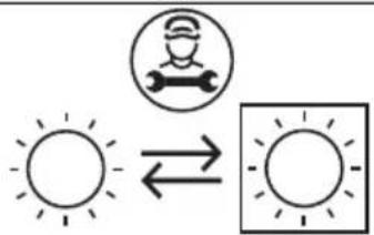 Weather icon and sun symbol showing sunlight, a person wearing a gear, and another sun with a right arrow indicating direction.