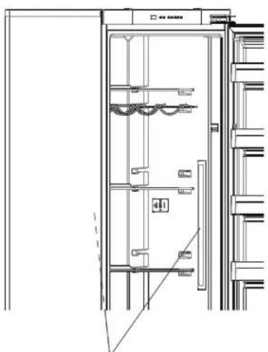 Technical line drawing of an open refrigerator with internal compartments and doorways (no text or symbols).