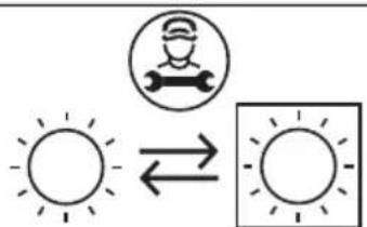 Weather icon and sun symbol showing a person in a gear and a sun with directional arrow, likely indicating sunlight or weather.