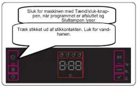 Sluk for maskinen med Tænd/sluk-knappen, når programmet er afsluttet og Slutlampen lyser. Træk stikket ud af stikkontakten. Luk for vandhanen.