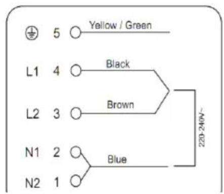 5 Yellow / Green L1 4 Black L2 3 Brown N1 2 Blue N2 1 220-240V~