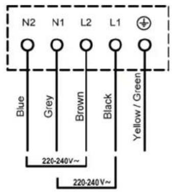 N2 N1 L2 L1 Blue Grey Brown Black Yellow / Green 220-240V~ 220-240V~