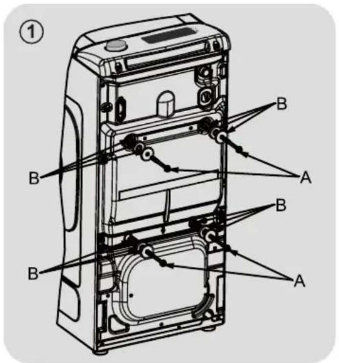 Technical diagram of a device casing with labeled components A and B, showing internal structure and wiring layout.