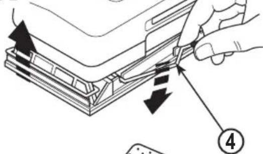 Diagram showing a hand inserting or removing a device into a rack, with arrows indicating direction and labeled step 4.