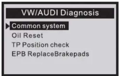 VW/AUDI Diagnosis ► Common system Oil Reset TP Position check EPB ReplaceBrakepads
