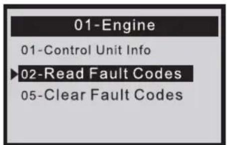01-Engine 01-Control Unit Info ►02-Read Fault Codes 05-Clear Fault Codes