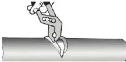 Illustration of a mechanical clamp or tool interacting with a cylindrical object (no text or symbols visible)
