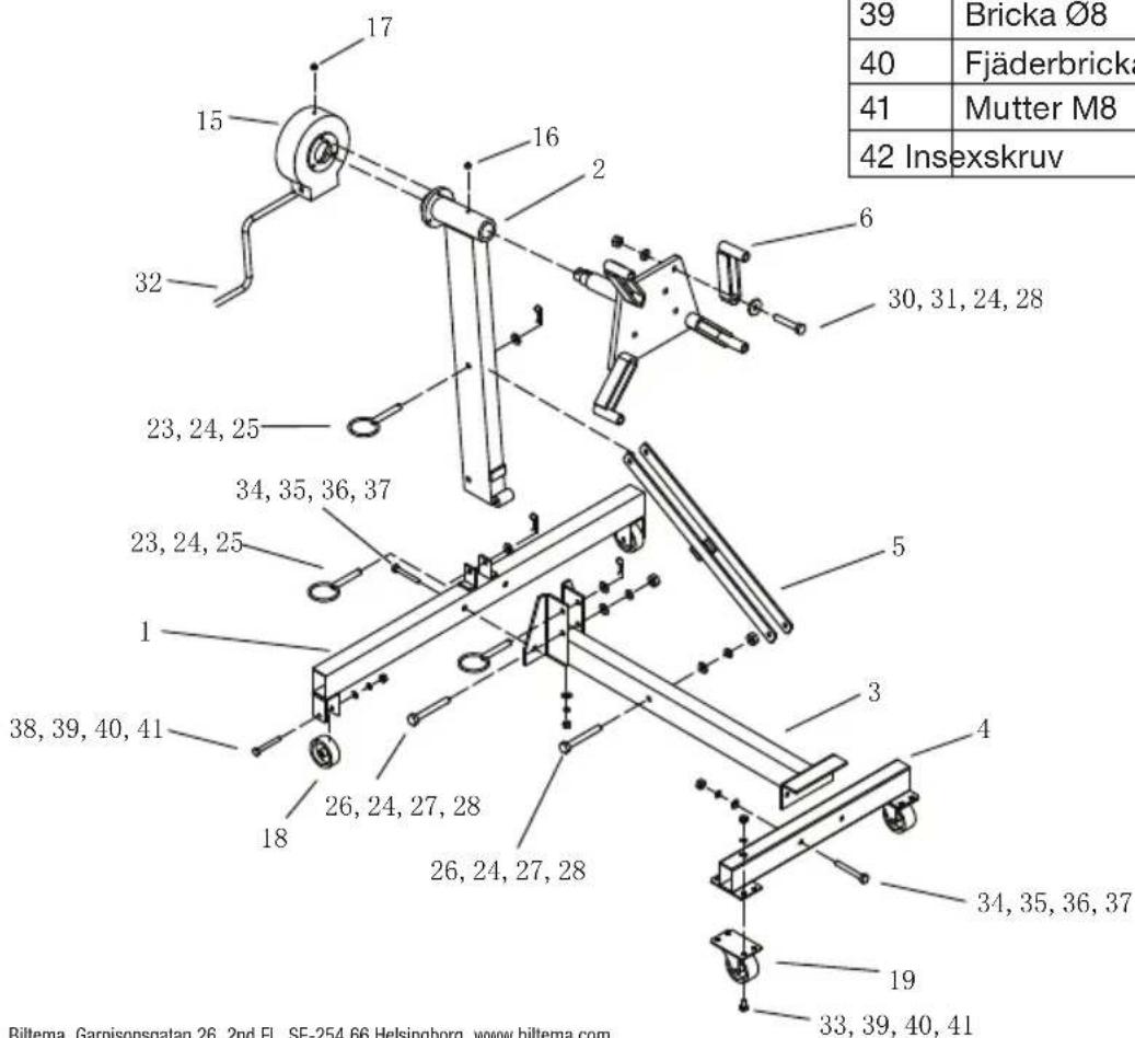 39 Bricka Ø8 40 Fjäderbricka 41 Mutter M8 42 Insexskruv 17 15 16 2 6 30, 31, 24, 28 32 23, 24, 25 34, 35, 36, 37 23, 24, 25 1 38, 39, 40, 41 18 26, 24, 27, 28 26, 24, 27, 28 5 3 4 34, 35, 36, 37 19 33, 39, 40, 41 Biltema. Garnisonsgatan 26. 2nd FL. SE-254 66 Helsingborg. www.biltema.com