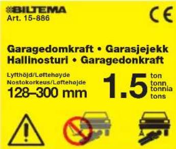 BILTEMA Art. 15-886 GE Garagedomkraft • Garasjejekk Hallinosturi • Garagedonkraft Lytthöjd/Løftehøyde Nostokorkeus/Løftehøjde 128-300 mm 1.5 ton tonn tonniatons