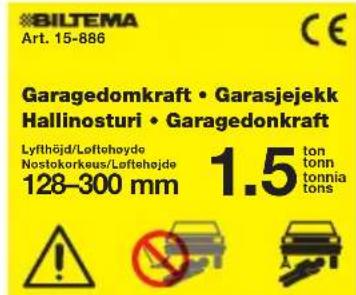 BILTEMA Art. 15-886 Garagedomkraft • Garasjejekk Hallinosturi • Garagedonkraft Lyfthöjd/Løftehøyde Nostokorkeus/Løftehjde 128-300 mm 1.5 ton tonn tonnia tons !