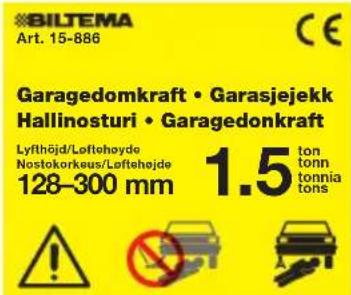 BILTEMA Art. 15-886 Garagedomkraft • Garasjejekk Hallinosturi • Garagedonkraft Lyflhöjd/Loftehoyde Nostokorkeus/Loftehajde 128-300 mm 1.5 ton tonniontions