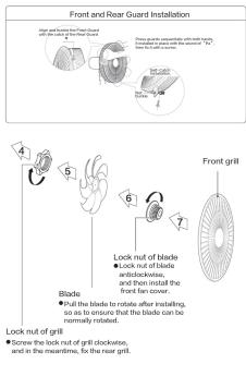 Front and Rear Guard Installation 4 5 6 7 Back Blade Look out of blade ● Lock nut of blade antidokinase, and then install the front fan cover. ● Pull the blade to rotate after installing, so as to ensure that the blade can be normally rotated. ● Screw the lock out of grill clockwise, and in the meantime, fix the rear grill. Front grill