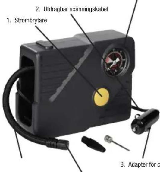 1. Strömbrytare 2. Utdragbar spänningskabel 3. Adapter för c