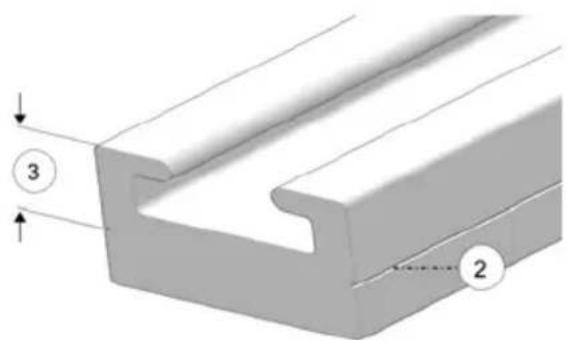 Technical diagram showing a 3D mechanical part with labeled parts and dimension indicators