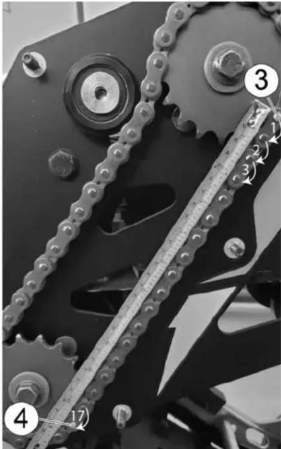 Mechanical gear assembly diagram with numbered components and measurement markings