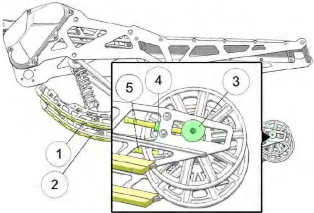 Technical diagram of a mechanical assembly with numbered components and a close-up view of the internal structure.