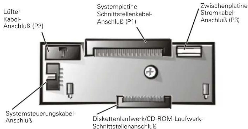 Lüfter Kabel- Anschluß (P2) Systemplatine Schnittstellenkabel- Anschluß (P1) Zwischenplatine Stromkabel- Anschluß (P3) Systemsteuerungskabel- Anschluß Diskettenlaufwerk/CD-ROM-Laufwerk- Schnittstellenanschluß