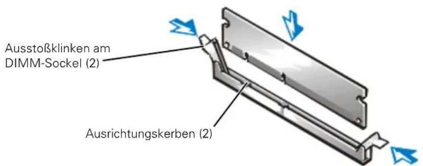 Ausstoßklinken am DIMM-Sockel (2) Ausrichtungskerben (2)