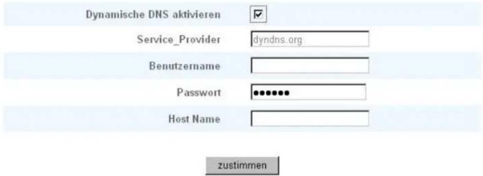Dynamische DNS aktivieren Service Provider dyndns.org Benutzername Password •••••••• Host Name zustimmen