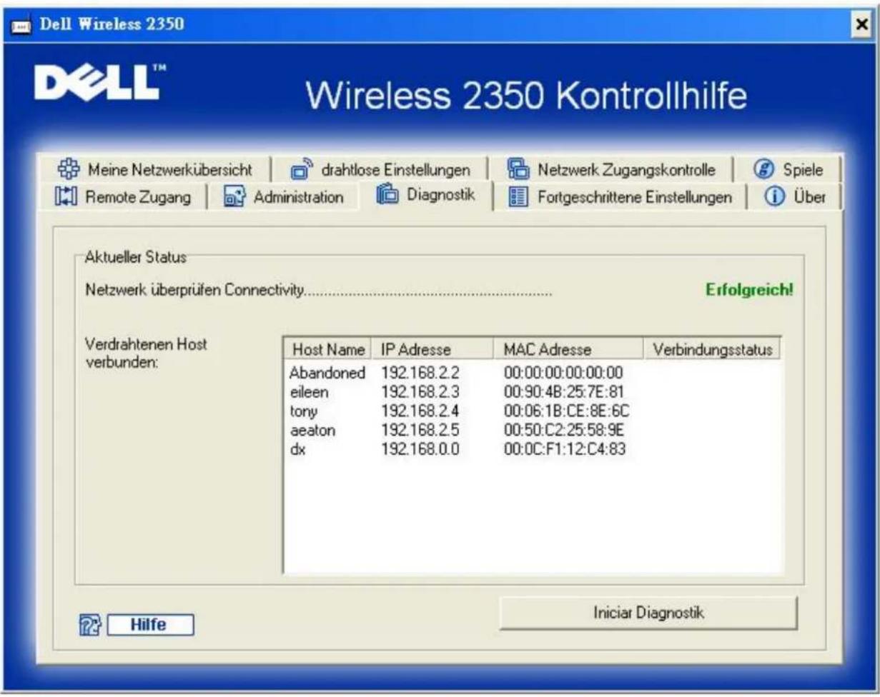 Dell Wireless 2350 Wireless 2350 Kontrollhilfe Meine Netzwerkübersicht drahtlose Einstellungen Netzwerk Zugangskontrolle Spiele Remote Zugang Administration Diagnostik Fortgeschrittene Einstellungen Über Aktueller Status Netzwerk überprüfen Connectivity....Erfolgreich! Verdrahtenen Host verbunden: Host Name IP Adresse MAC Adresse Verbindungsstatus Abandoned 192.168.2.2 00:00:00:00:00:00 eileen 192.168.2.3 00:90:4B:25:7E:81 tony 192.168.2.4 00:06:1B:CE:8E:6C aeaton 192.168.2.5 00:50:C2:25:58:9E dx 192.168.0.0 00:0C:F1:12:C4:83 Hilfe Iniciar Diagnostik