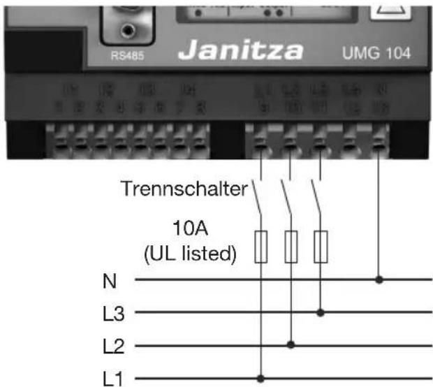 RS485 Janitza UMG 104 Trennschalter 10A (UL listed) N L3 L2 L1