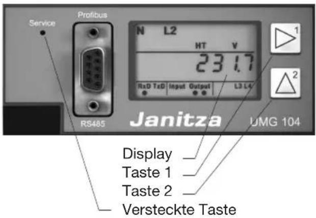Service Profibus RS485 N L2 HT V 23.1.7 RaD TxD Input Output L3 L4 Janitza UMG 104 Display Taste 1 Taste 2 Versteckte Taste