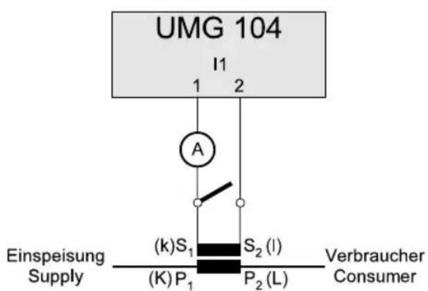 UMG 104 I1 1 2 A Einspeisung Supply (k)S₁ S₂(I) (K)P₁ P₂(L) Verbraucher Consumer