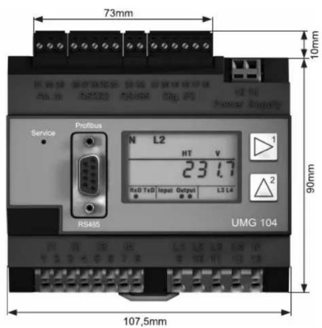 73mm 10mm 90mm 107,5mm Service Profibus N L2 HT V 23.17 RxD TxD Input Output L3 L4 RS485 UMG 104