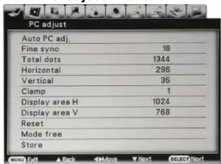 PC adjust Auto PC adj. Fine sync 16 Total dots 1344 Horizontal 298 Vertical 35 Clamp 1 Display area H 1024 Display area V 768 Reset Mode free Store
