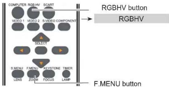 COMPUTER RGB HV SCART VIDEO 1 VIDEO 2 S-VIDEO COMPONENT SELECT S MENU F MENU KEYSTONE TIMER LENS ZOOM FOCUS LAMP RGBHV button RGBHV F.MENU button