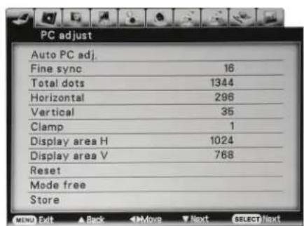 PC adjust Auto PC adj. Fine sync 16 Total dots 1344 Horizontal 298 Vertical 35 Clamp 1 Display area H 1024 Display area V 768 Reset Mode free Store