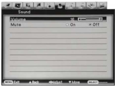 Sound Volume 16 Mute On Off MENU Exit Back Adjust Move SELECT
