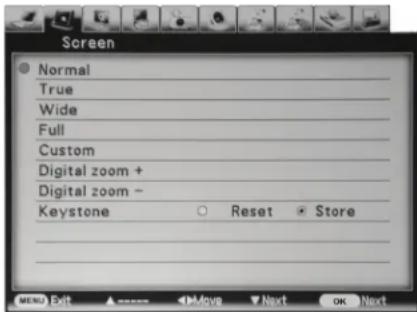 Screen Normal True Wide Full Custom Digital zoom + Digital zoom - Keystone ○ Reset Store MENU Edit