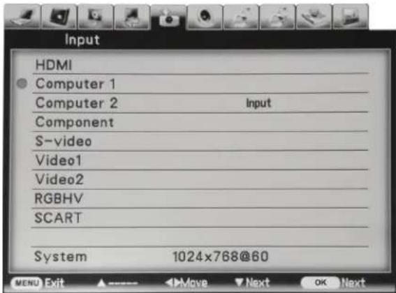 Input HDMI Computer 1 Computer 2 Input Component S-video Video1 Video2 RGBHV SCART System 1024x768@60 MENU Exit Move Next OK Next