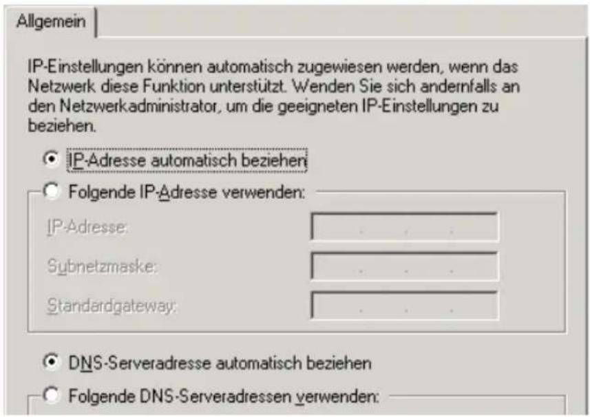 Allgemein IP-Einstellungen können automatisch zugewiesen werden, wenn das Netzwerk diese Funktion unterstützt. Wenden Sie sich andernfalls an den Netzwerkadministrator, um die geeigneten IP-Einstellungen zu beziehen. IP-Adresse automatisch beziehen Folgende IP-Adresse verwenden: IP-Adresse: .... Subnetzmaske: .... Standardgateway: .... DNS-Serveradresse automatisch beziehen Folgende DNS-Serveradressen verwenden: