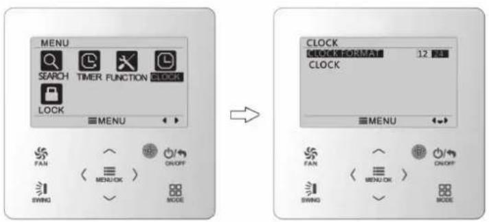 MENU SEARCH TIMER FUNCTION CLOCK LOCK MENU FAN < MENU/OK > ON/OFF SWING MODE CLOCK CLOCK DENTAI 12:25 CLOCK MENU