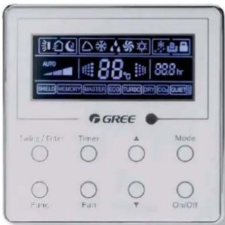 AUTO 88°C 88.8 hr SHIELD MEMORY MASTER ECO TURBO ORY CO QUET GREE Swing / Enter Times Mode Fung Fan On/Off