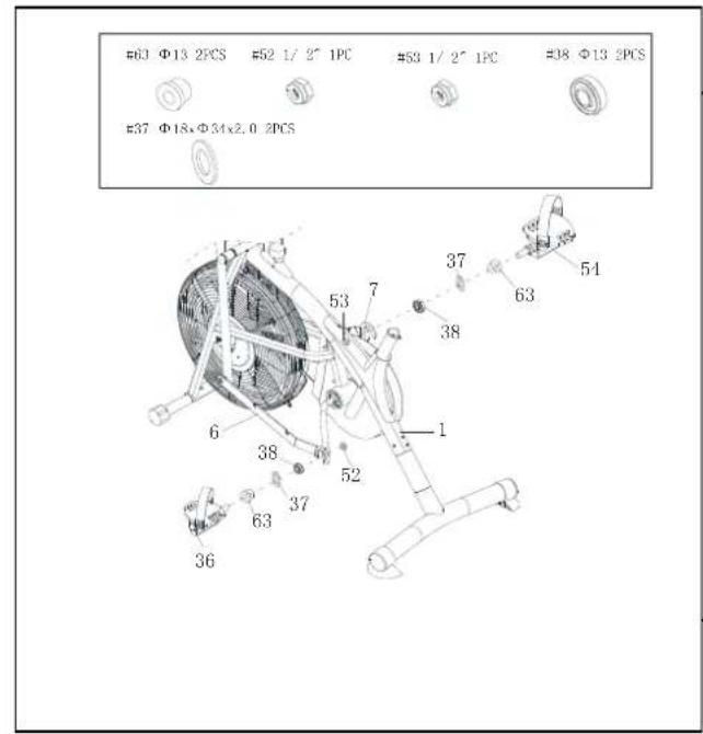 E63 Φ13 2PCS E52 1/ 2" 1PC #53 1/ 2" 1PC #38 Φ13 2PCS E37 Φ18, Φ34x2.0 2PCS 53 7 37 63 54 38 1 6 38 52 36 63 37