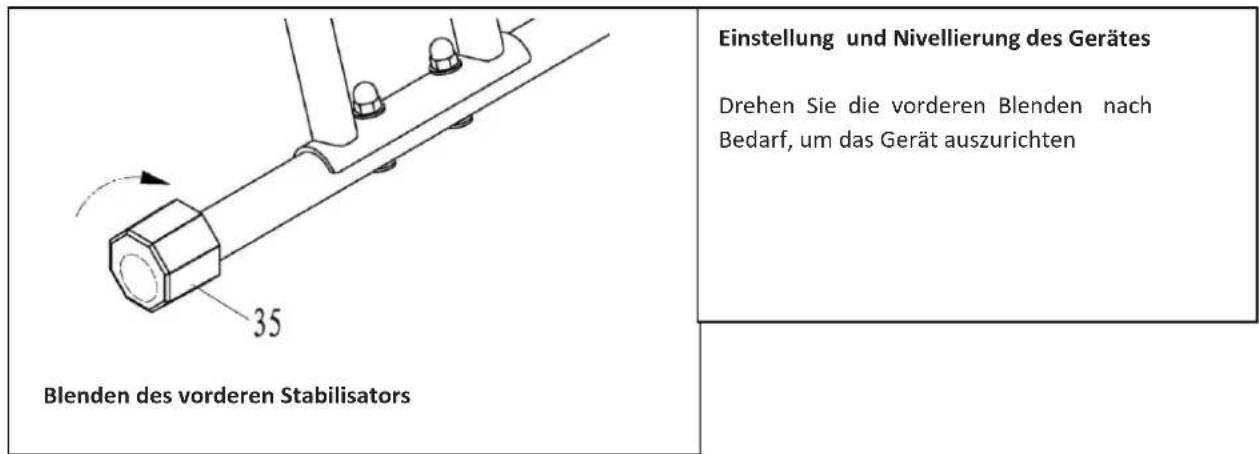 Einstellung und Nivellierung des Gerätes Drehen Sie die vorderen Blenden nach Bedarf, um das Gerät auszurichten Blenden des vorderen Stabilisators