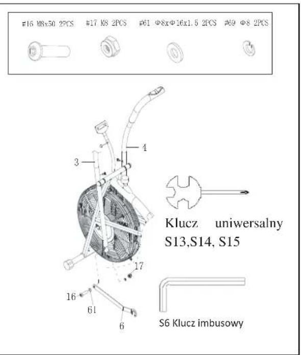 #16 M8x50 2PCS #17 MS 2PCS #61 Φ8xΦ16x1.5 2PCS #69 Φ8 2PCS Klucz uniwersalny S13,S14, S15 S6 Klucz imbusowy