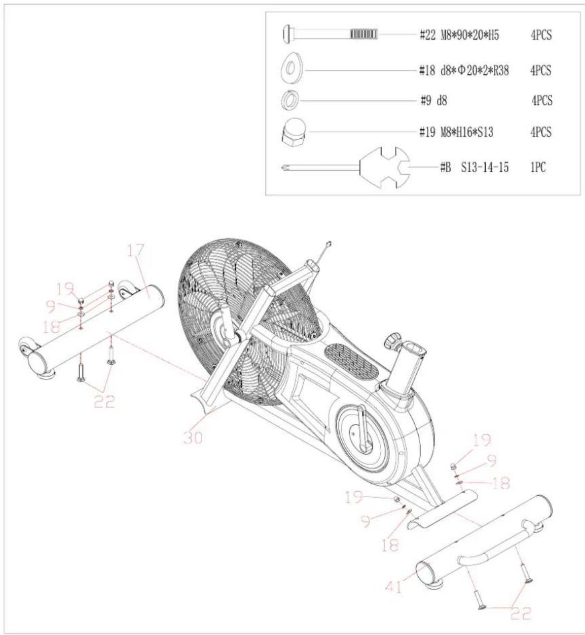 #22 M8*90*20*H5 4PCS #18 d8*Φ20*2*R38 4PCS #9 d8 4PCS #19 M8*H16*S13 4PCS #B S13-14-15 1PC 17 19 9 18 22 30 19 9 18 41 22